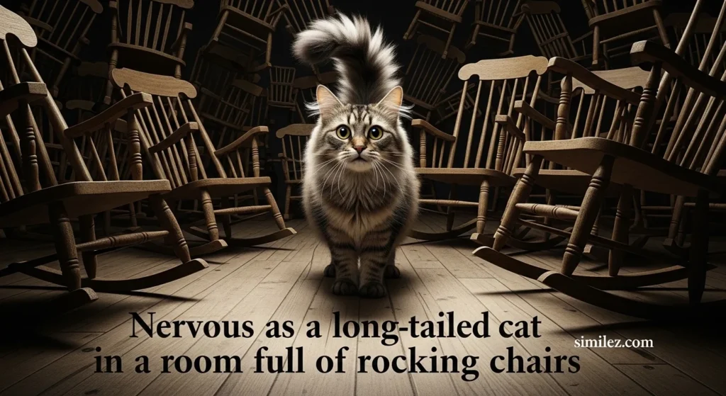 Nervous as a long-tailed cat in a room full of rocking chairs