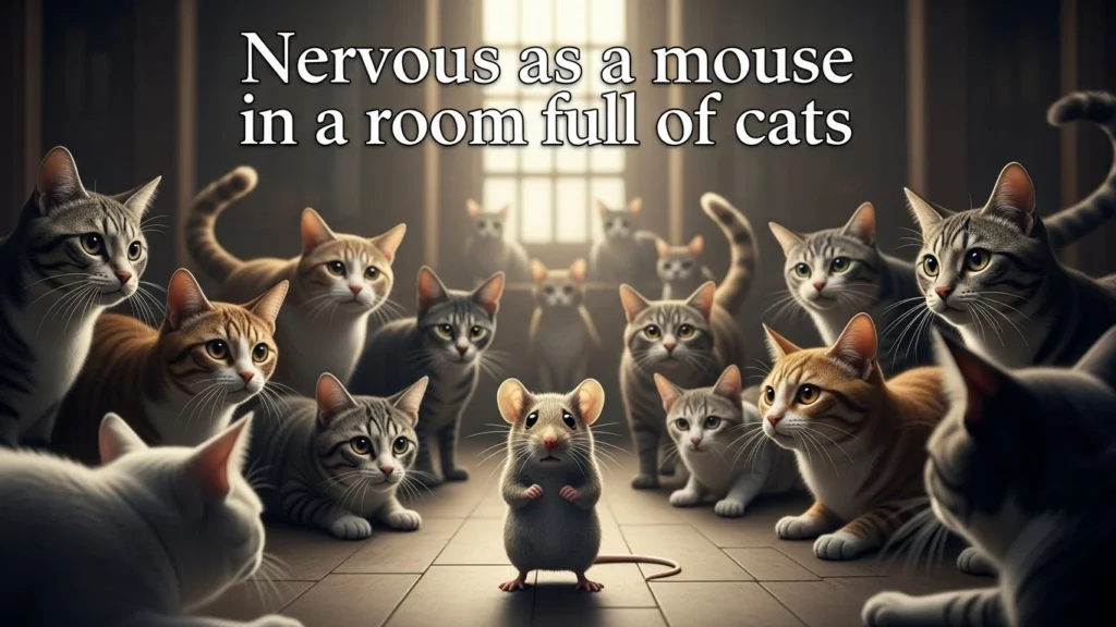 Nervous as a mouse in a room full of cats